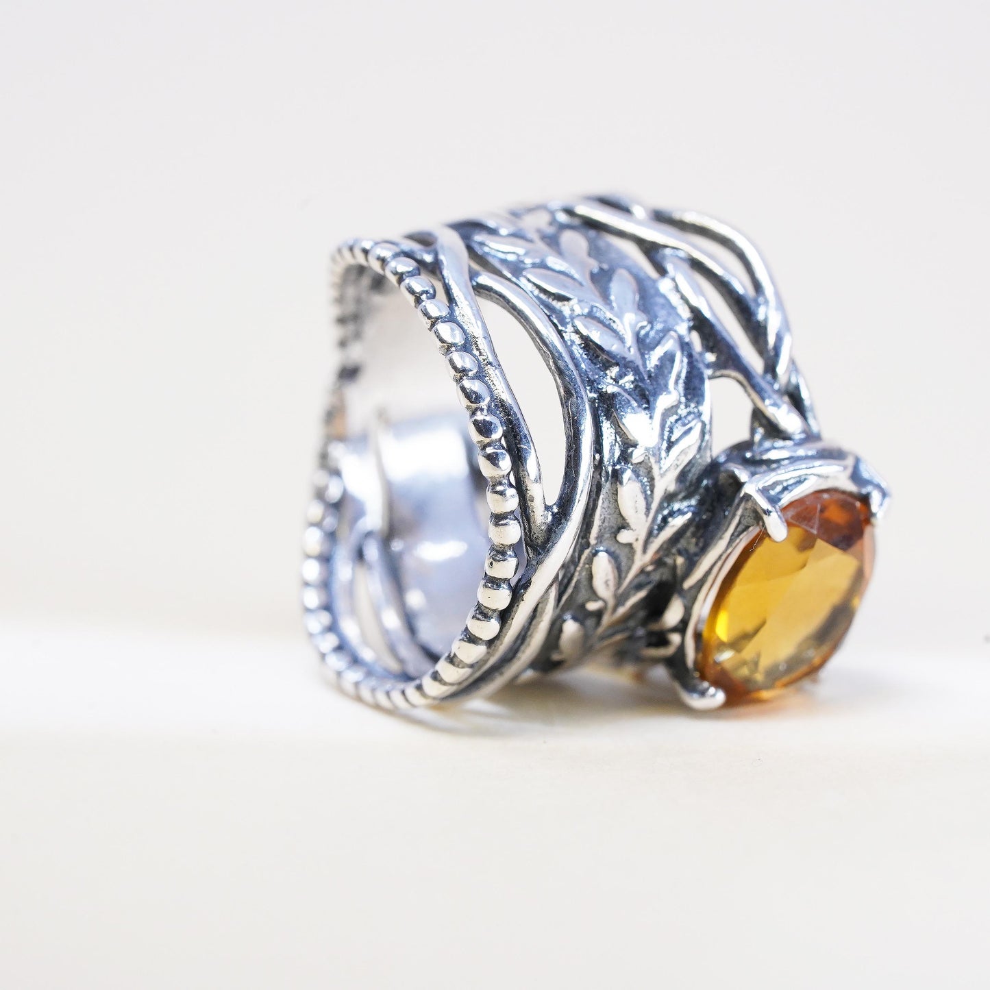 Size 6, VTG Israel PZ Israel Sterling Silver Oval Citrine Ring, Leaf Vine Band
