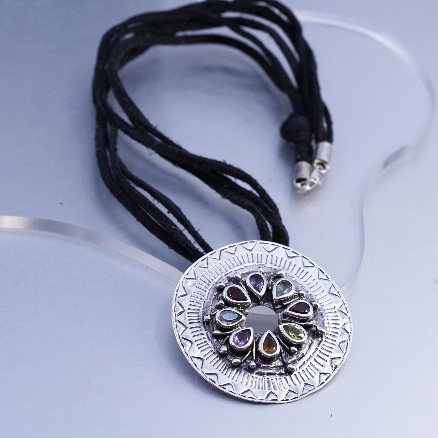 18", 925 Sterling Silver multi strands leather Necklace, disc pendant gemstones
