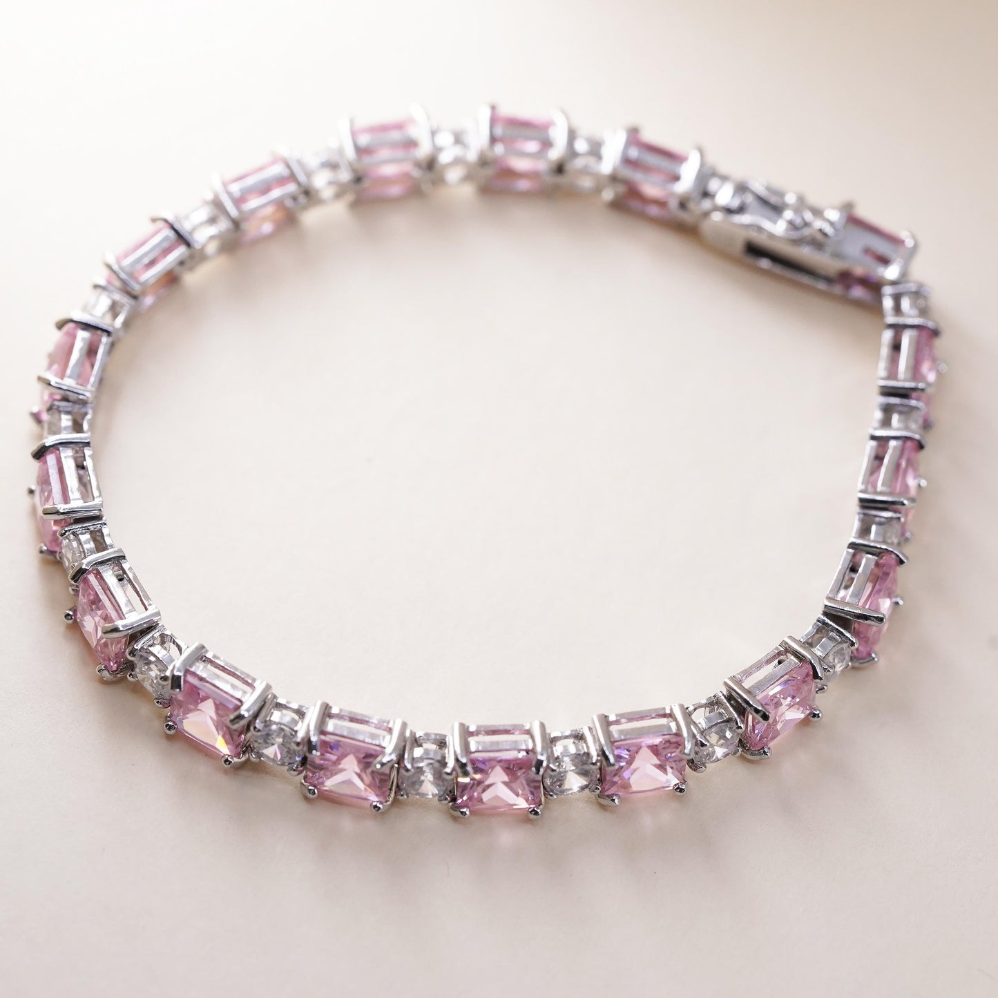 7", Vintage Sterling 925 silver tennis bracelet with square pink cz
