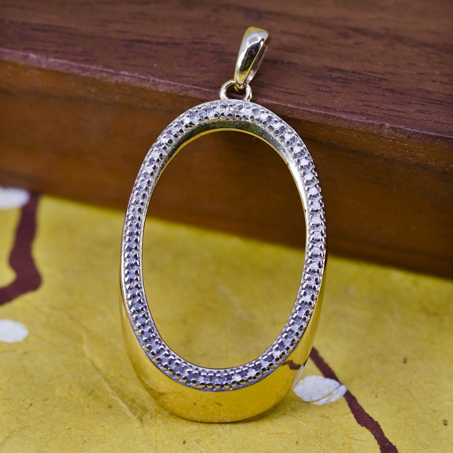 Vintage gold plated sterling silver pendant, 925 oval with genuine diamond