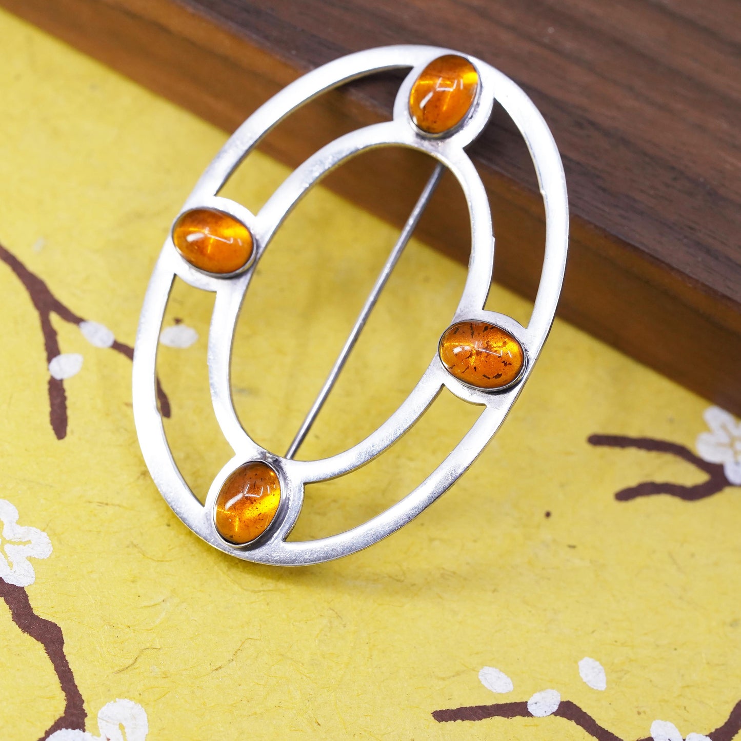Vintage handmade sterling silver brooch, 925 silver oval with amber details