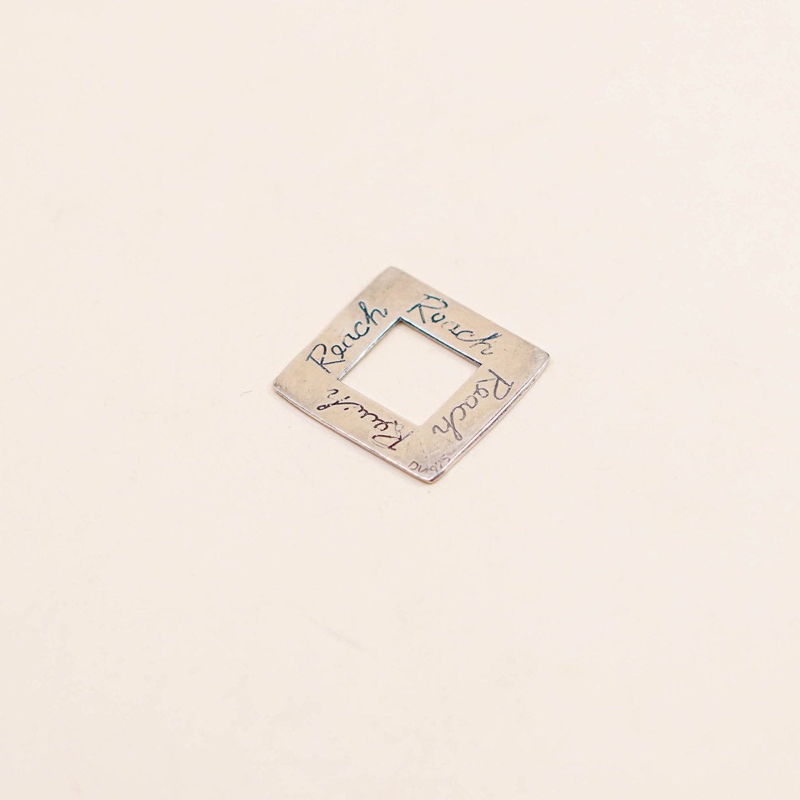 vtg Sterling silver handmade pendant, Hammered 925 square embossed “reach”