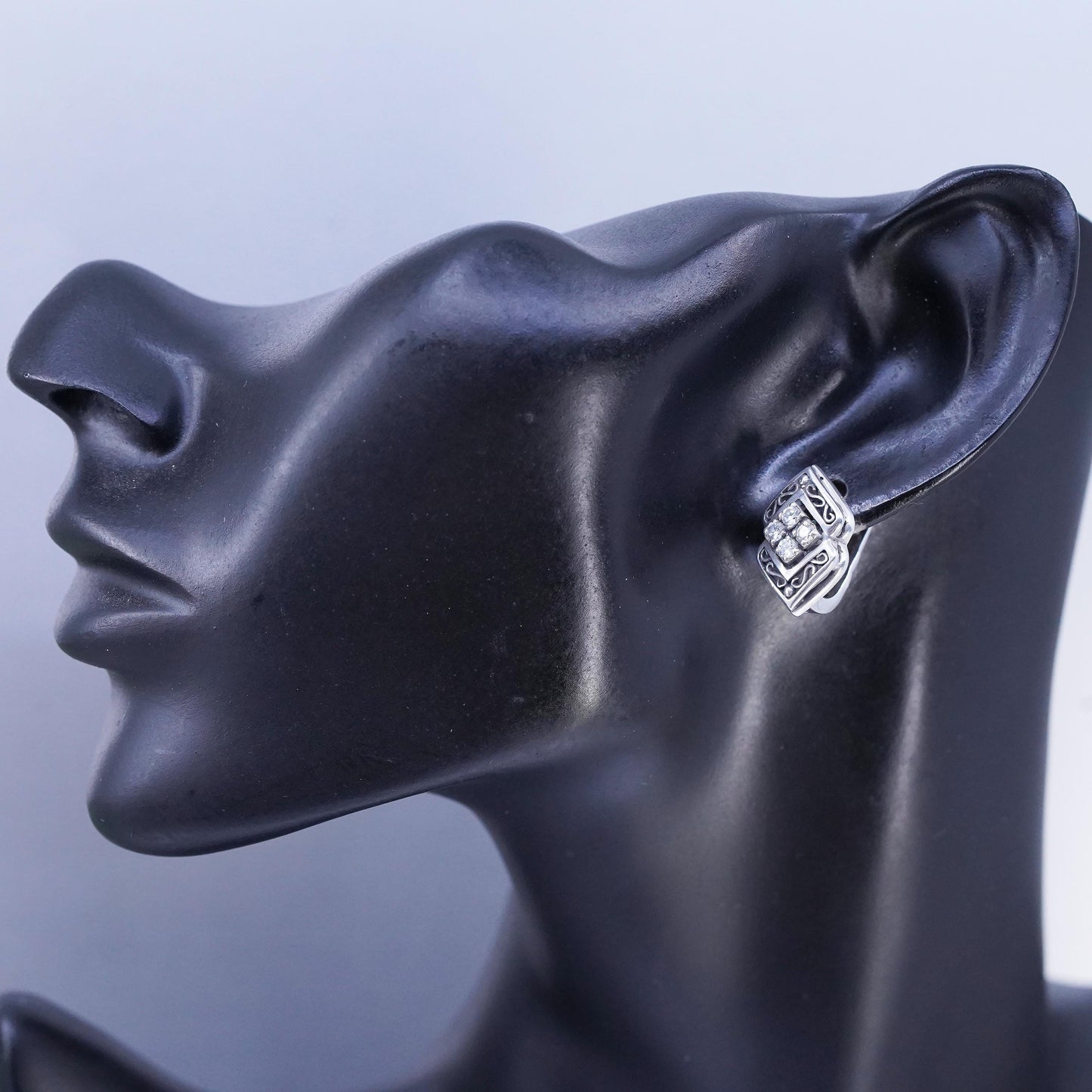 Vintage European Sterling 925 silver filigree earrings, studs with cz