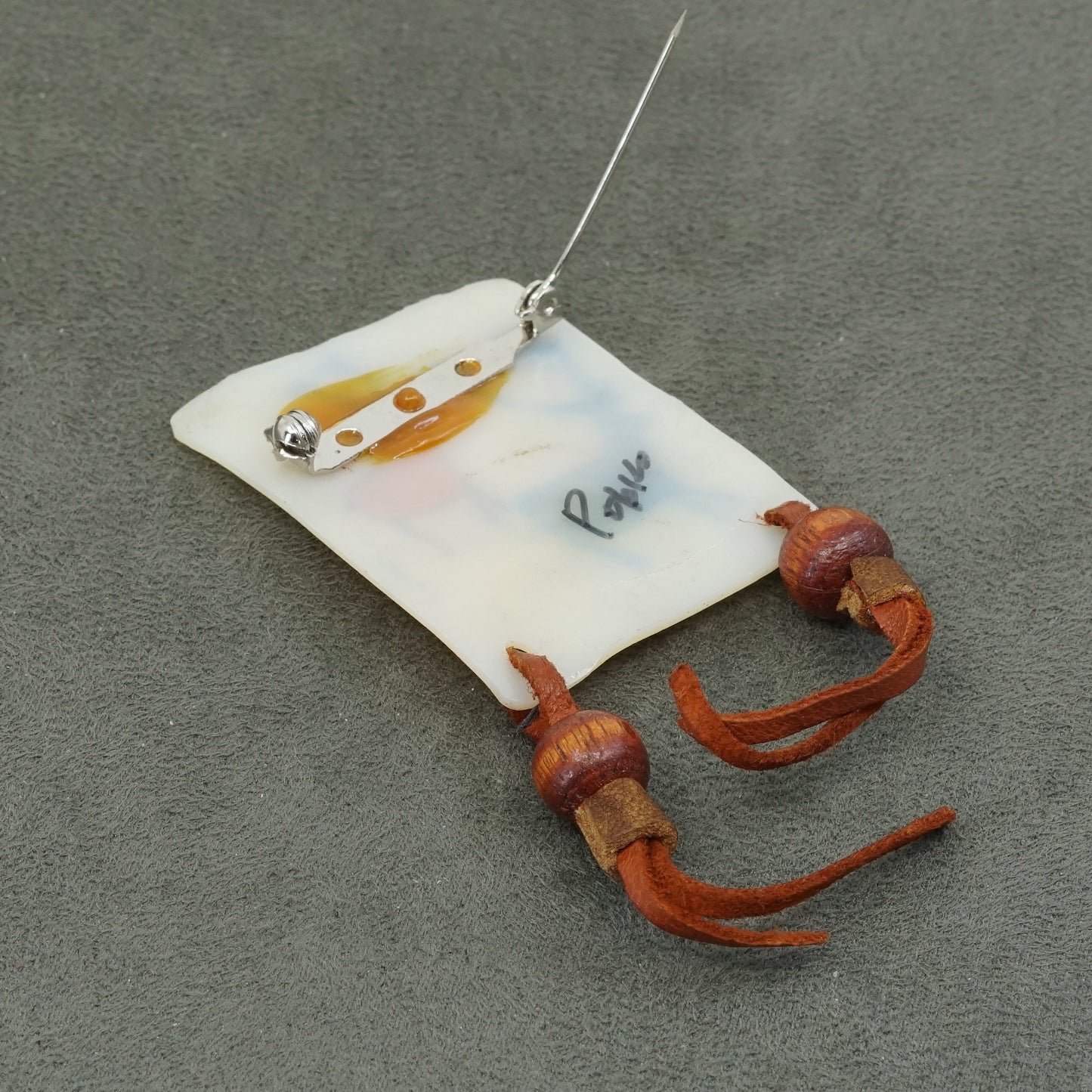 Vintage handmade brooch with leather fringe and deer painting