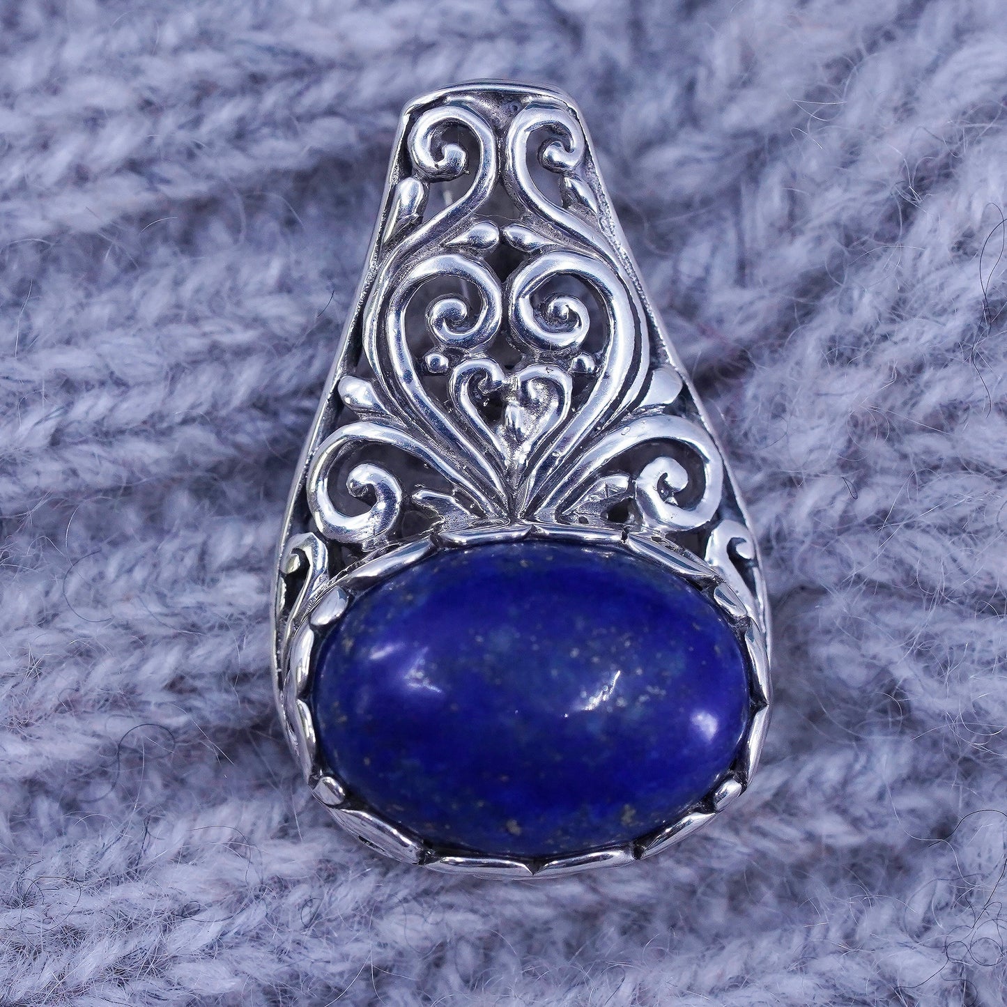 Vintage Sterling silver handmade pendant, 925 filigree teardrop w/ lapis lazuli