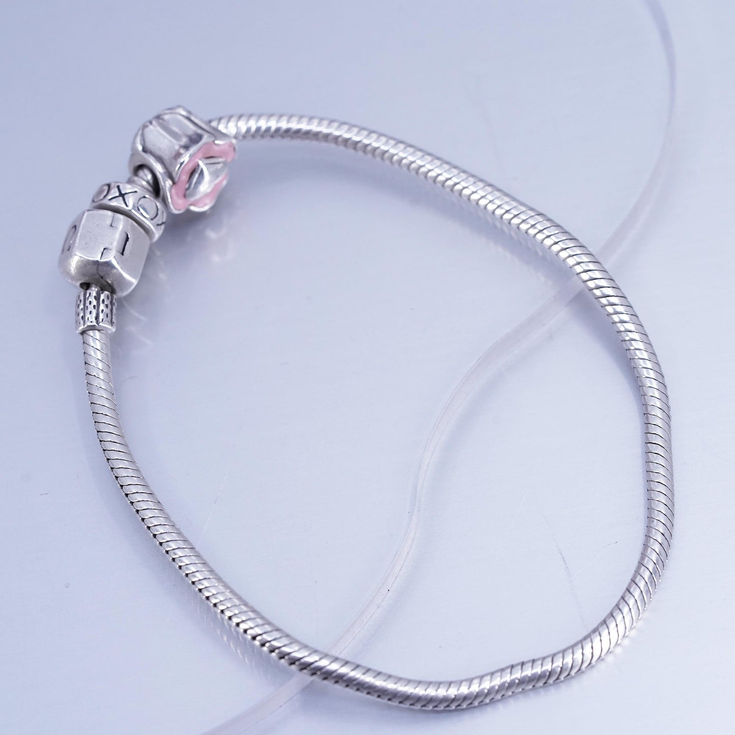 7.5”, Sterling 925 silver bracelet, bold snake chain pink flower bead charm