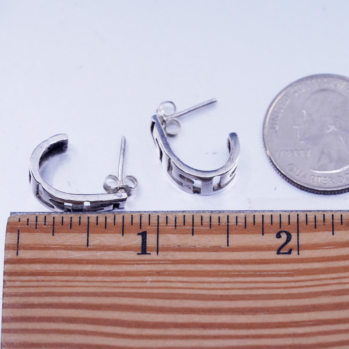 Vintage Sterling 925 silver handmade huggie studs earrings Greek key cut out