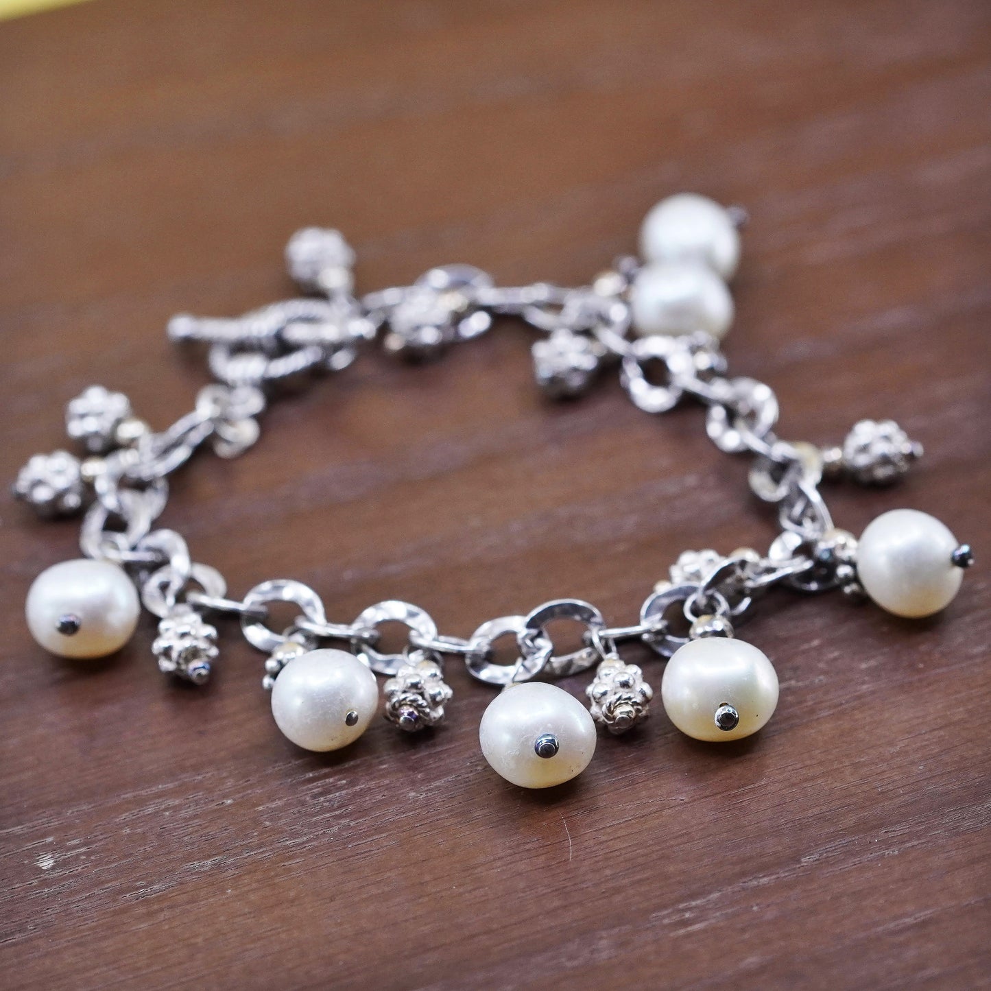 7.25”, Sterling silver bracelet, 925 flatten oval link chain with pearl beads