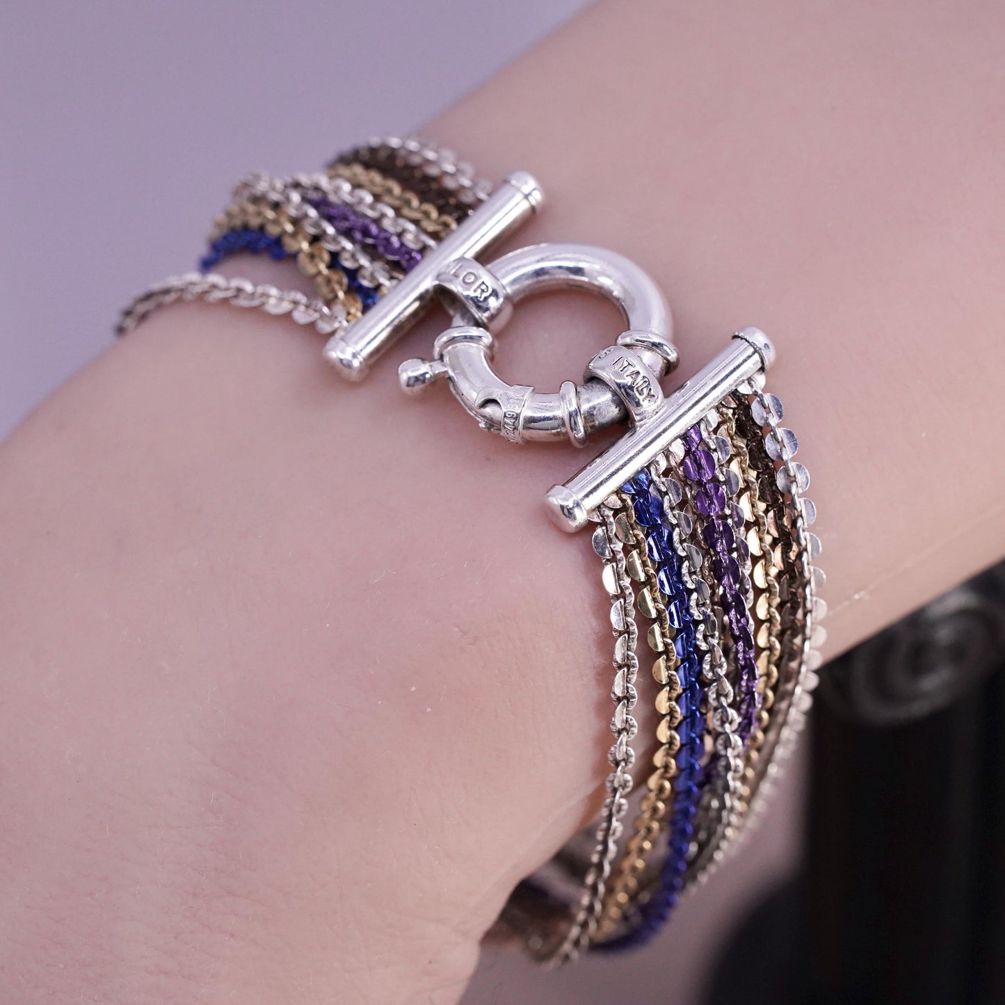 7", vintage Italian Sterling silver bracelet, 925 multi 10 strands curb chain