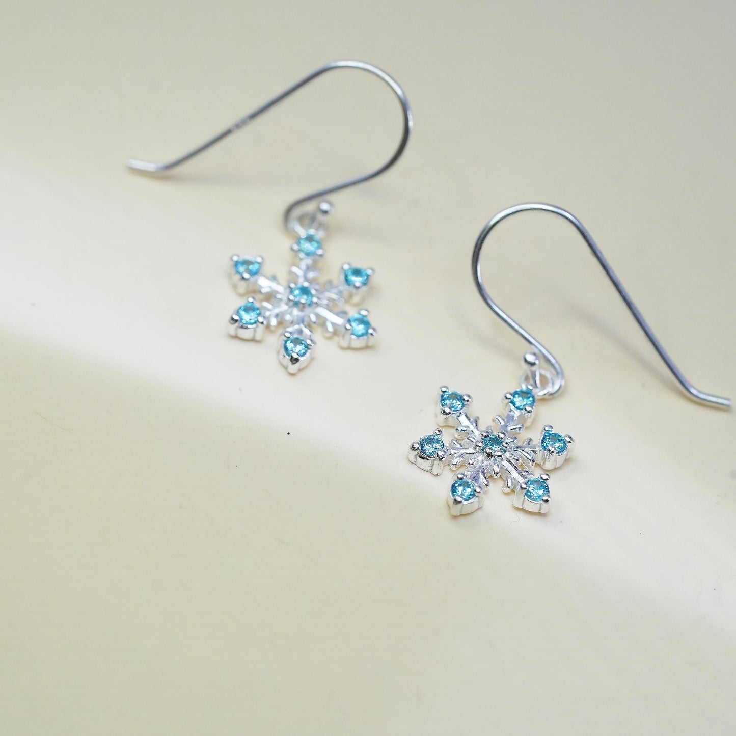 Vintage sterling silver handmade earrings, 925 snowflake drops with blue CZ