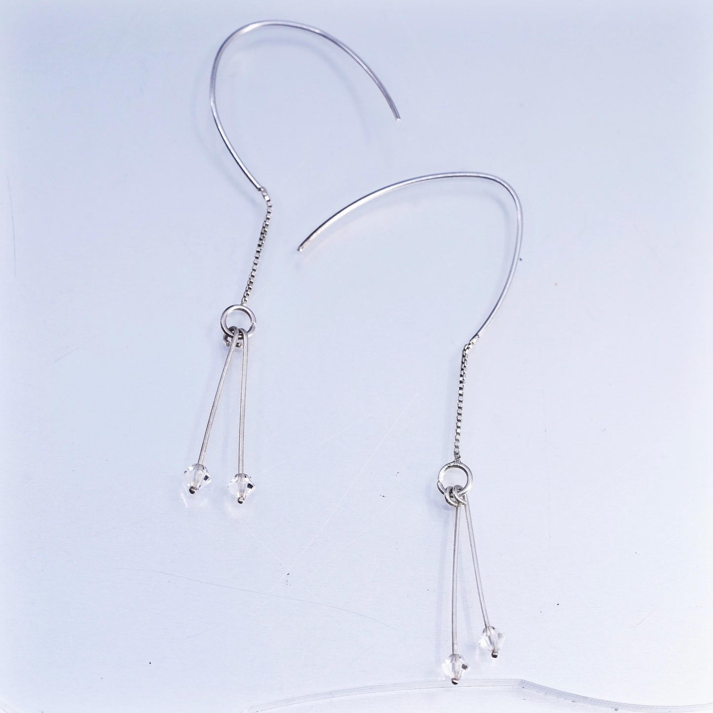 Vintage Sterling 925 silver handmade box chain fringe earrings clear crystal