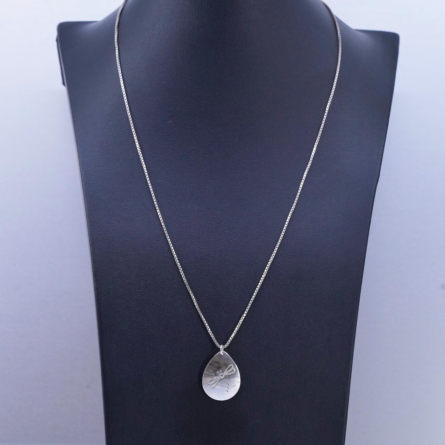 20", Italian sterling 925 silver box necklace dragonfly teardrop tag pendant