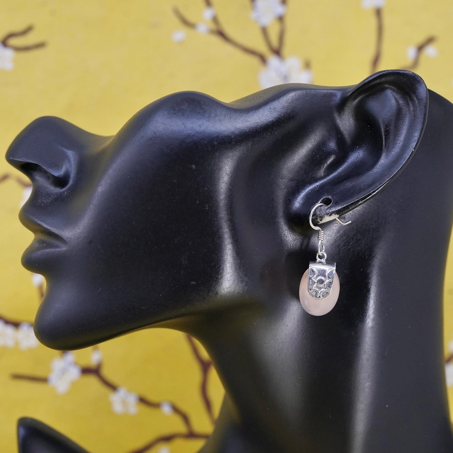 Vintage Sterling 925 silver handmade earrings with pink rose quartz