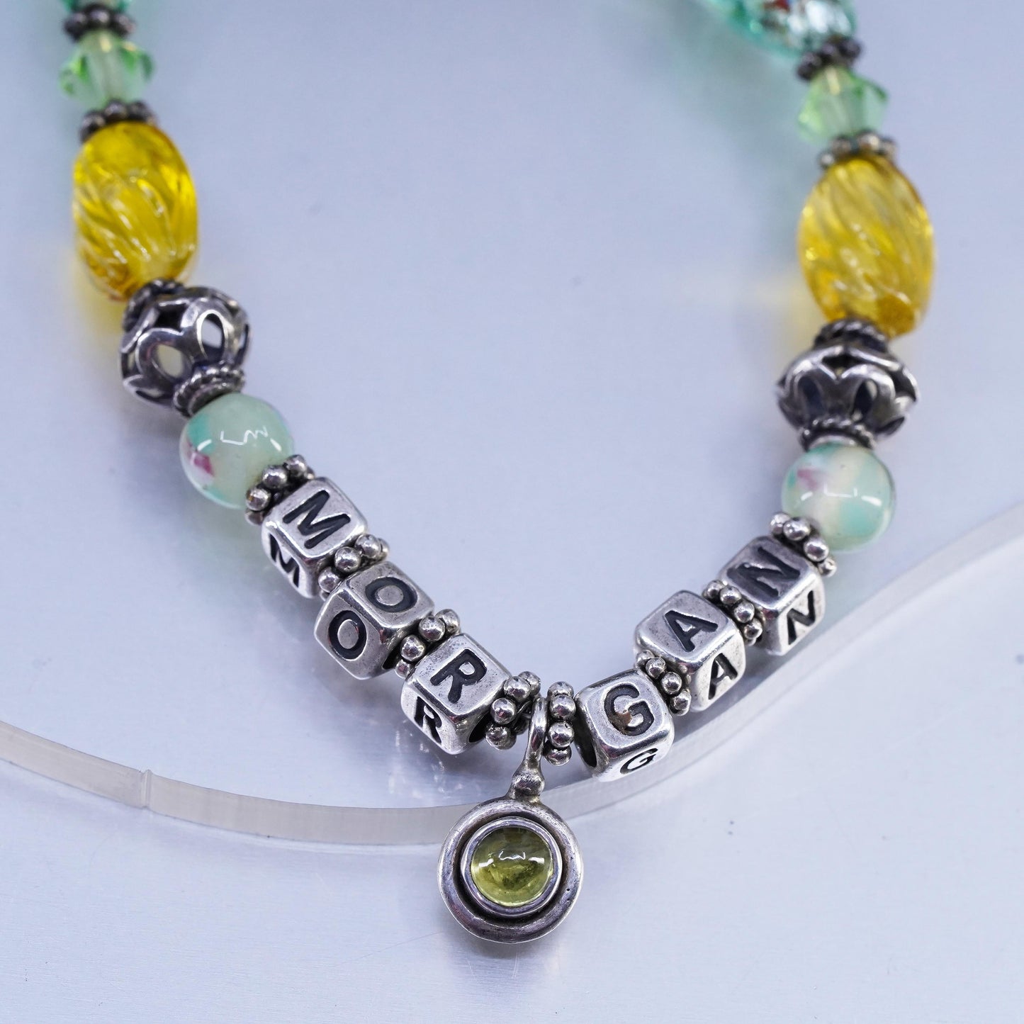 16+2", Sterling Silver 925 necklace green yellow artisan glass beads and Morgan