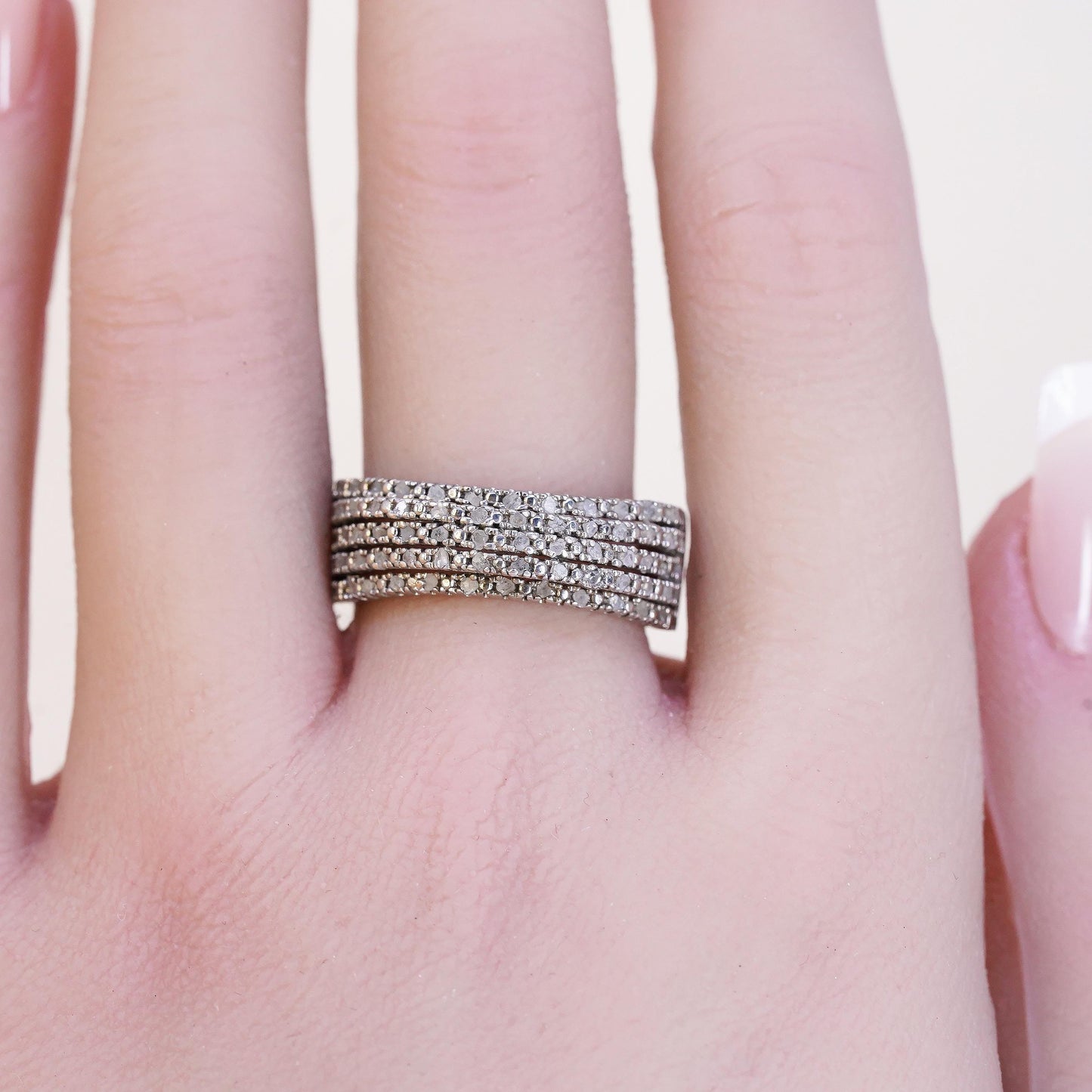 Size 8, Vintaged Designer DBJ sterling 925 silver ribbed ring cluster diamonds