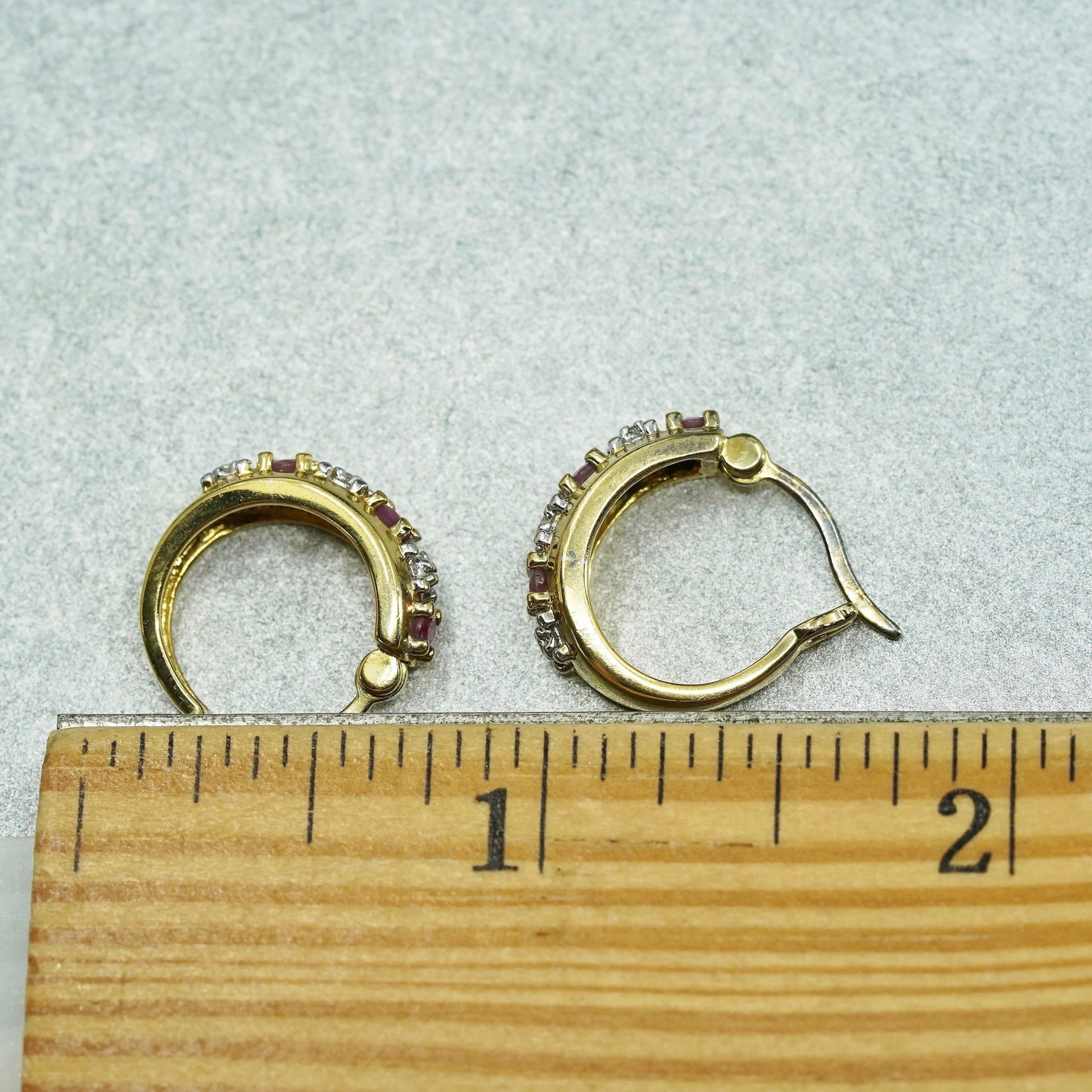 0.5”, vermeil gold over Sterling silver earrings, 925 huggie hoops ruby diamond