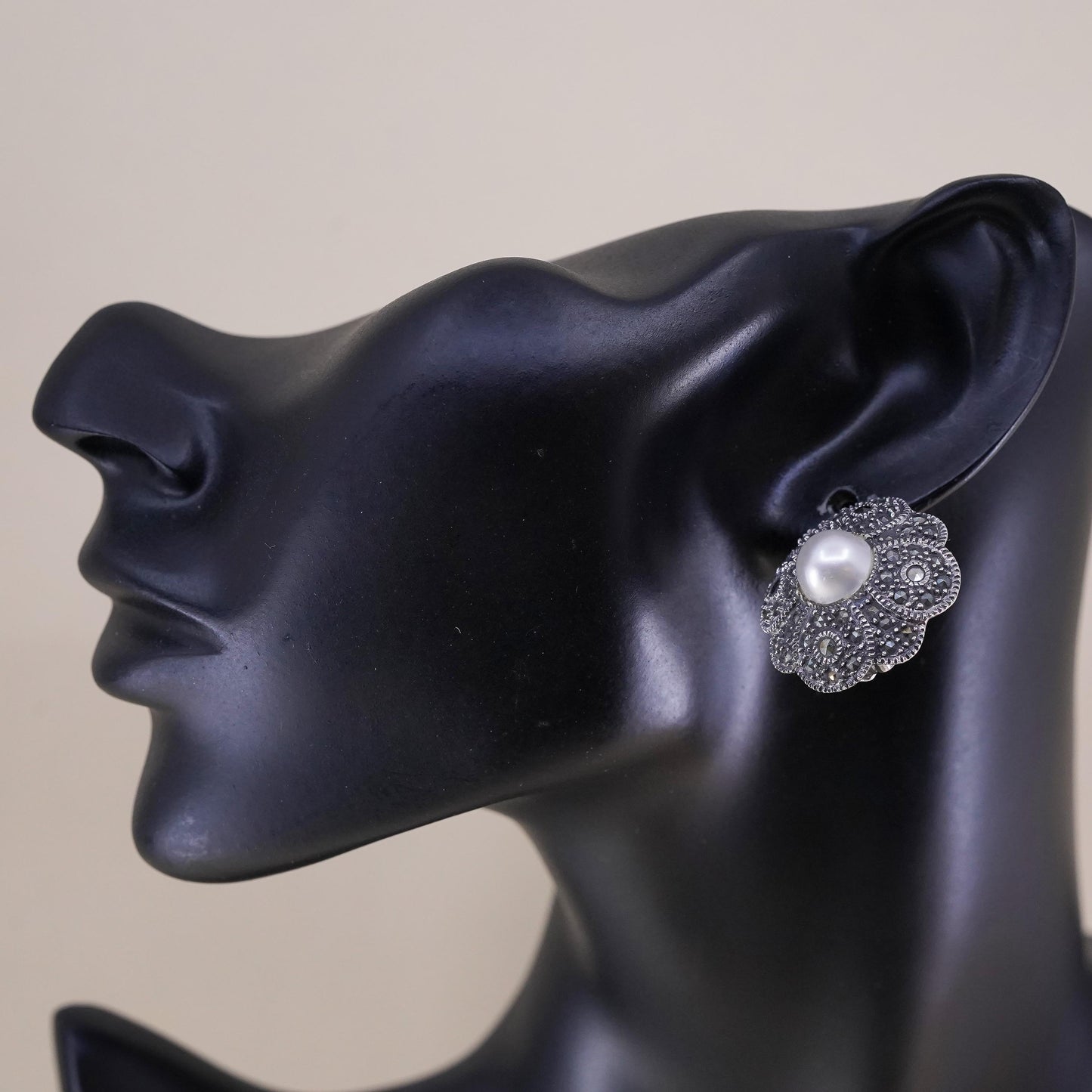 Sterling 925 silver filigree clip on earrings with pearl and cluster marcasite