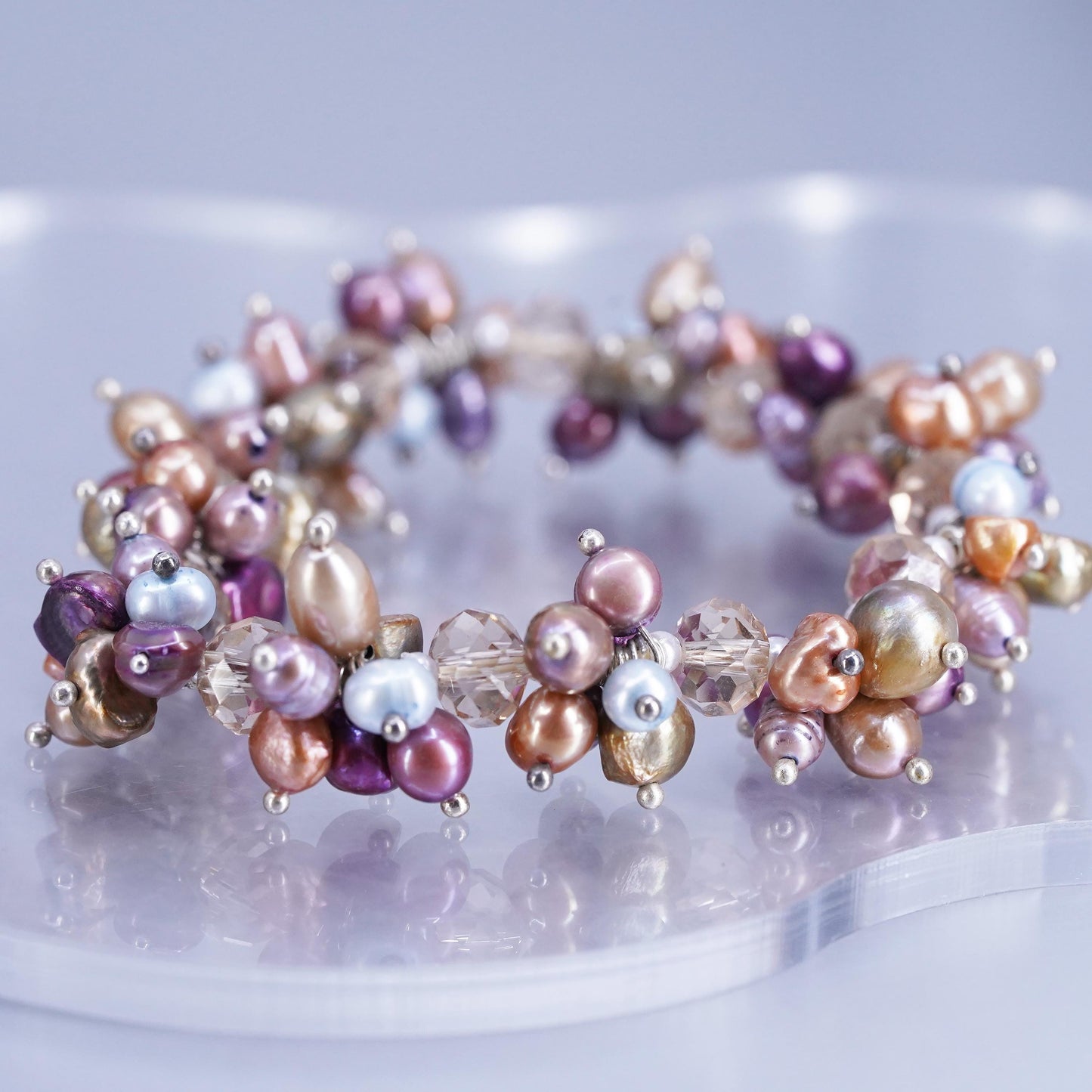 7.25”, Sterling 925 silver stretchy bracelet with cluster pearl and crystal