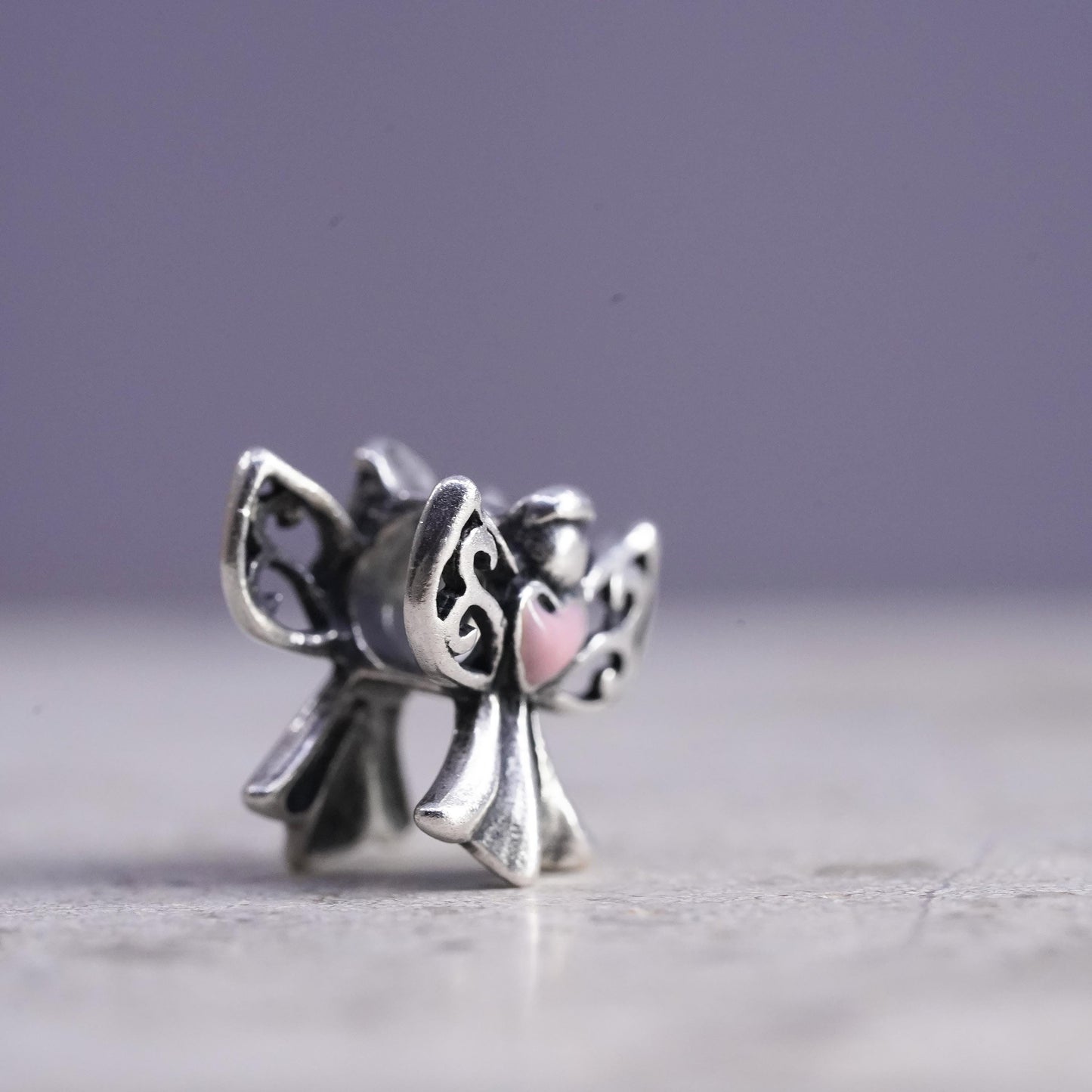 Vintage sterling silver handmade pendant, 925 Angel charm w//pink enamel heart