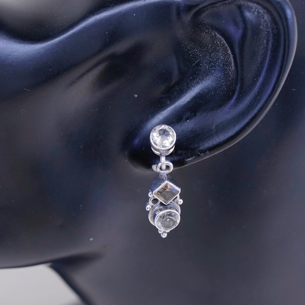 Vintage sterling silver handmade earrings, 925 with smoky topaz drops