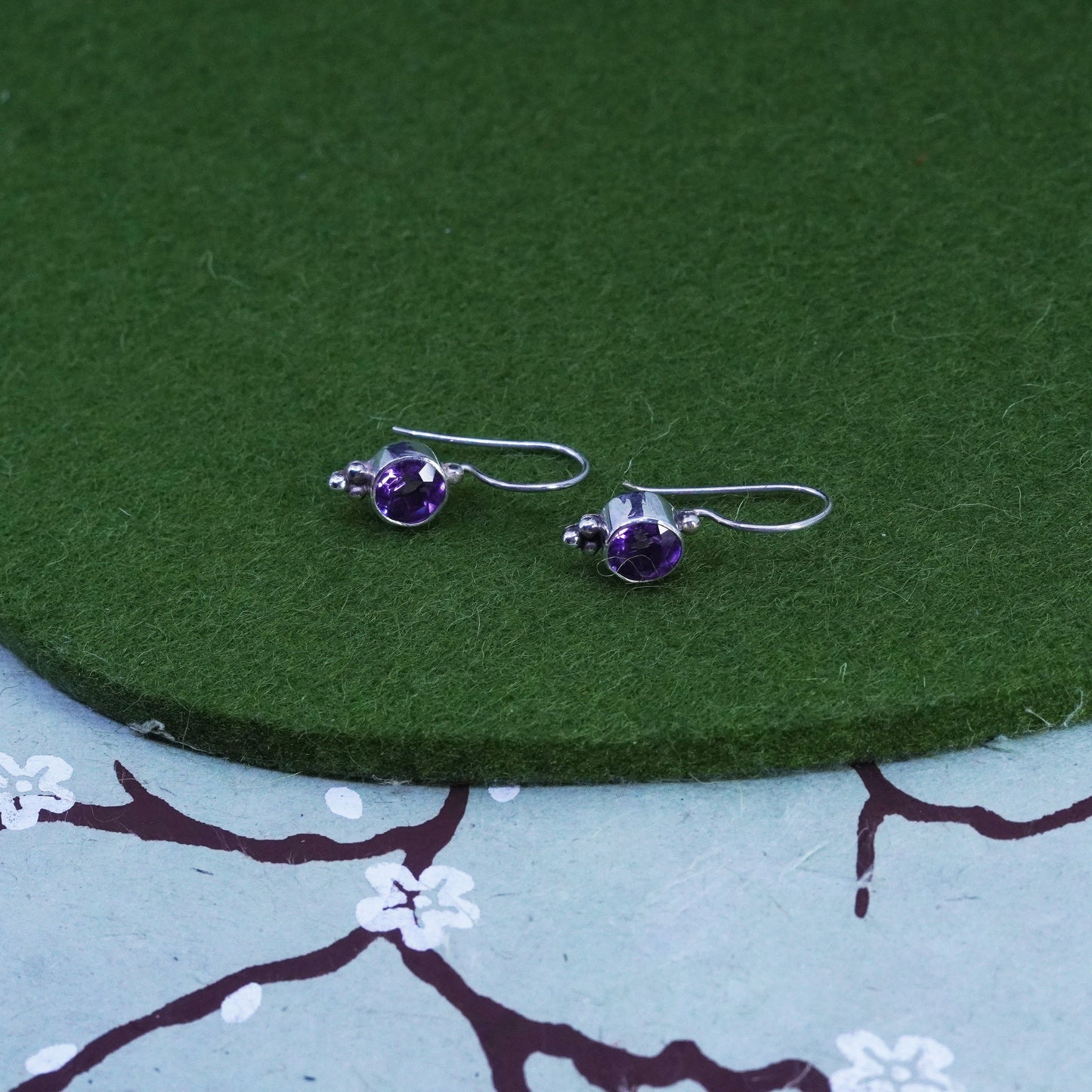 Native American sterling silver handmade earrings, 925 drops with amethyst