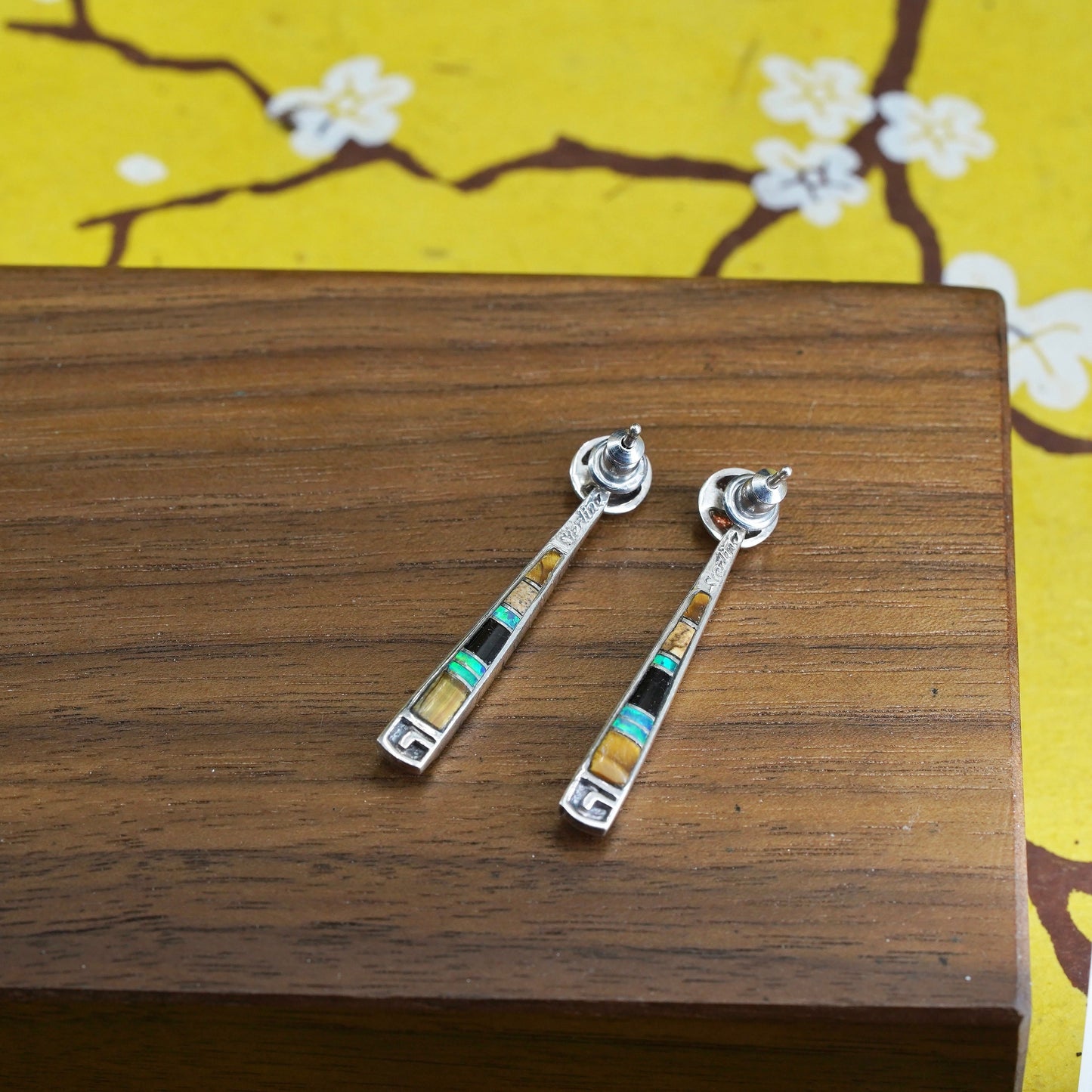 Native American sterling silver earrings, zuni 925 teardrop turquoise opal