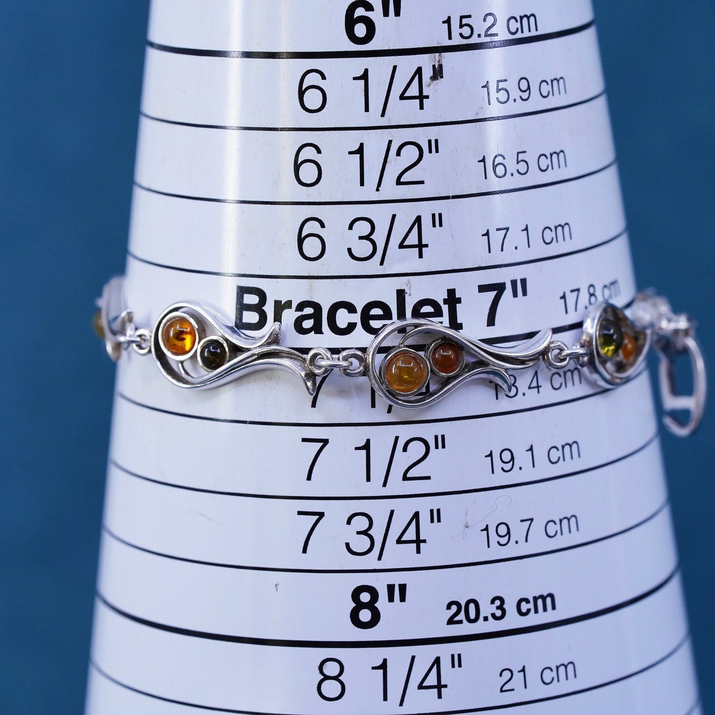 7”, vintage sterling 925 silver handmade bracelet with amber inlay