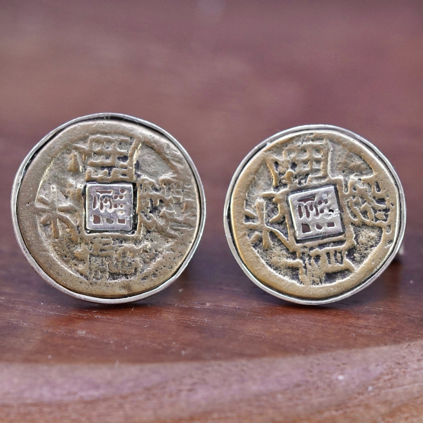 Native American Sterling silver handmade earrings, ancient Chinese coin studs