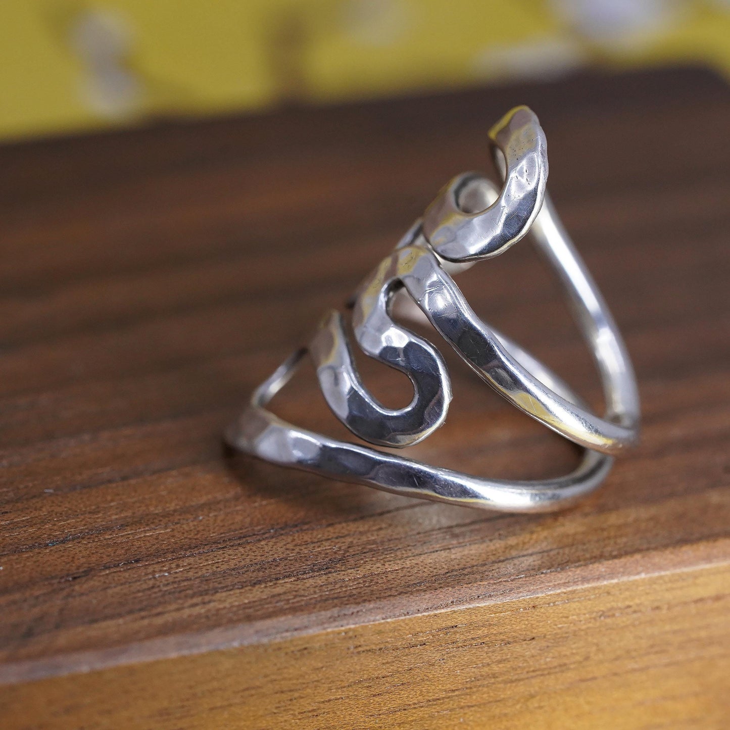 size adjustable, vintage Sterling silver handmade ring, 925 hammered wrap band