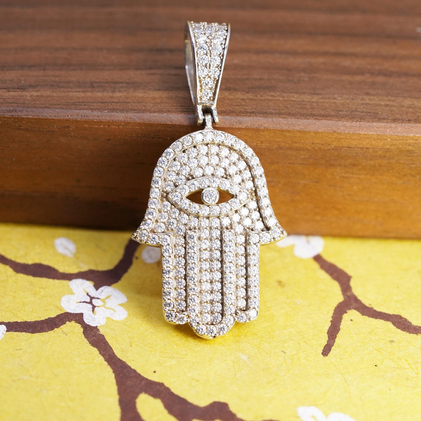 Sterling Silver Hamsa Hand Pendant, 925 CZ Pave Evil Eye Charm, Fatima Hand