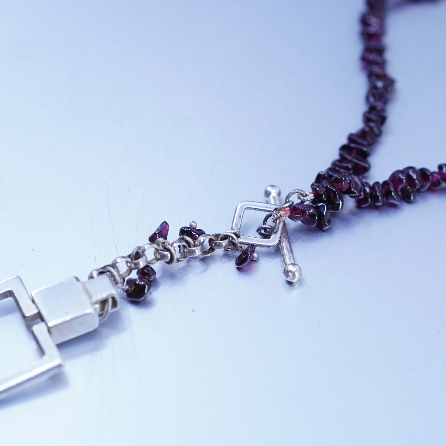 16”, native American Sterling 925 silver garnet beads necklace square pendant