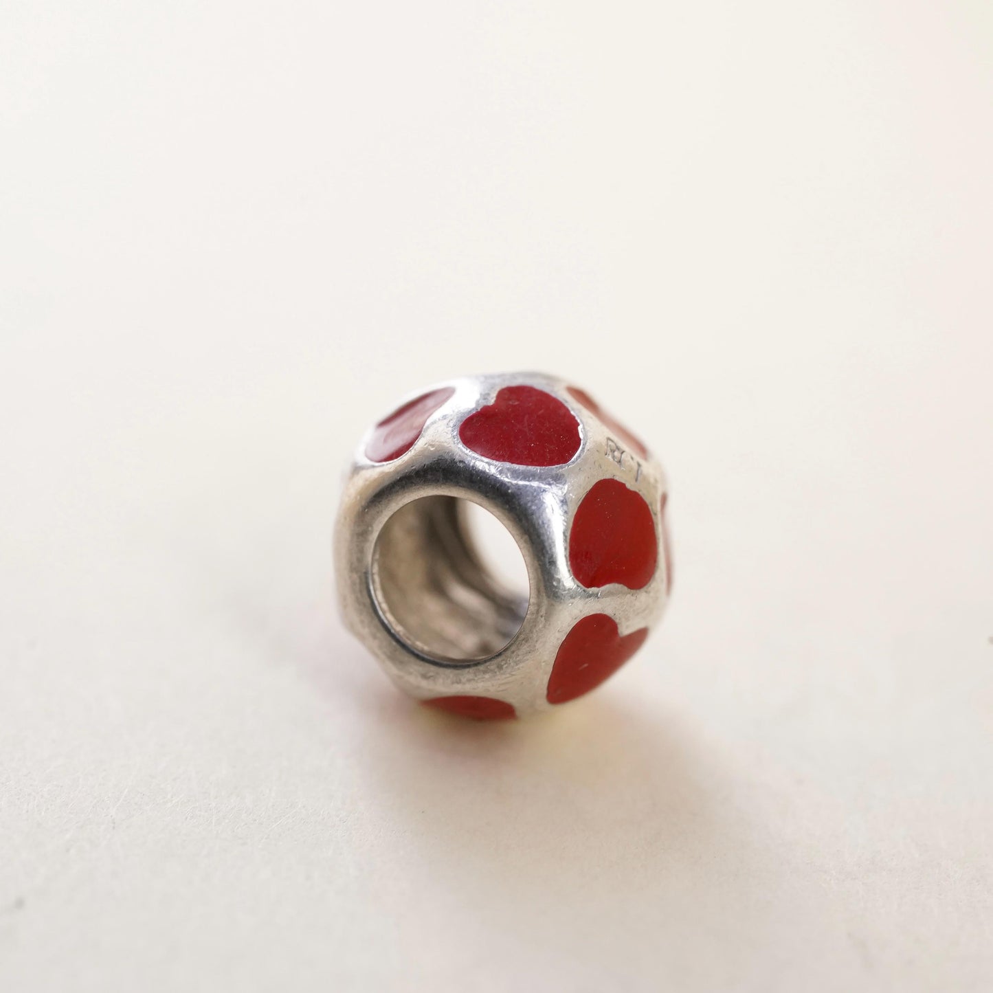 Vintage Sterling silver handmade pendant, 925 red enamel heart bead charm