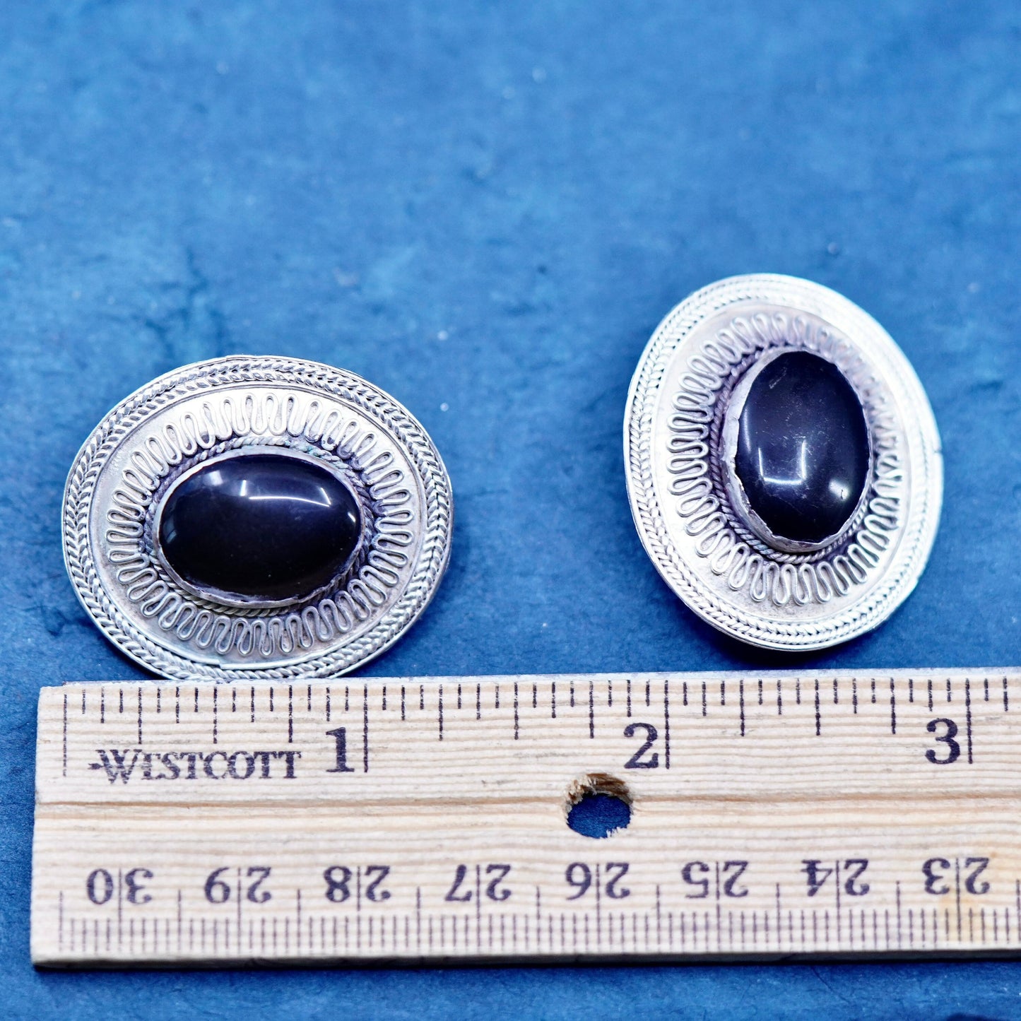 Vintage sterling 925 silver handmade earrings with oval obsidian