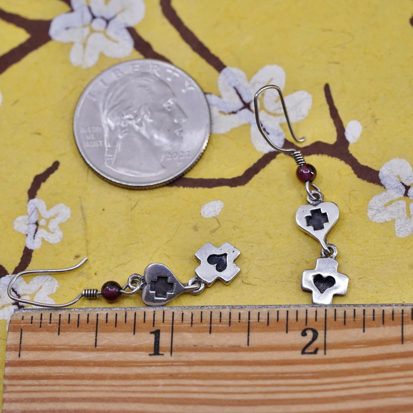 vintage handmade sterling silver earrings, 925 heart cross shaped dangles