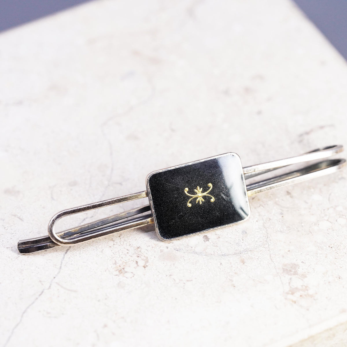 gold tone 830 Silver Black Enamel Tie Bar Gold Inlay Mid Century Men’s Jewelry