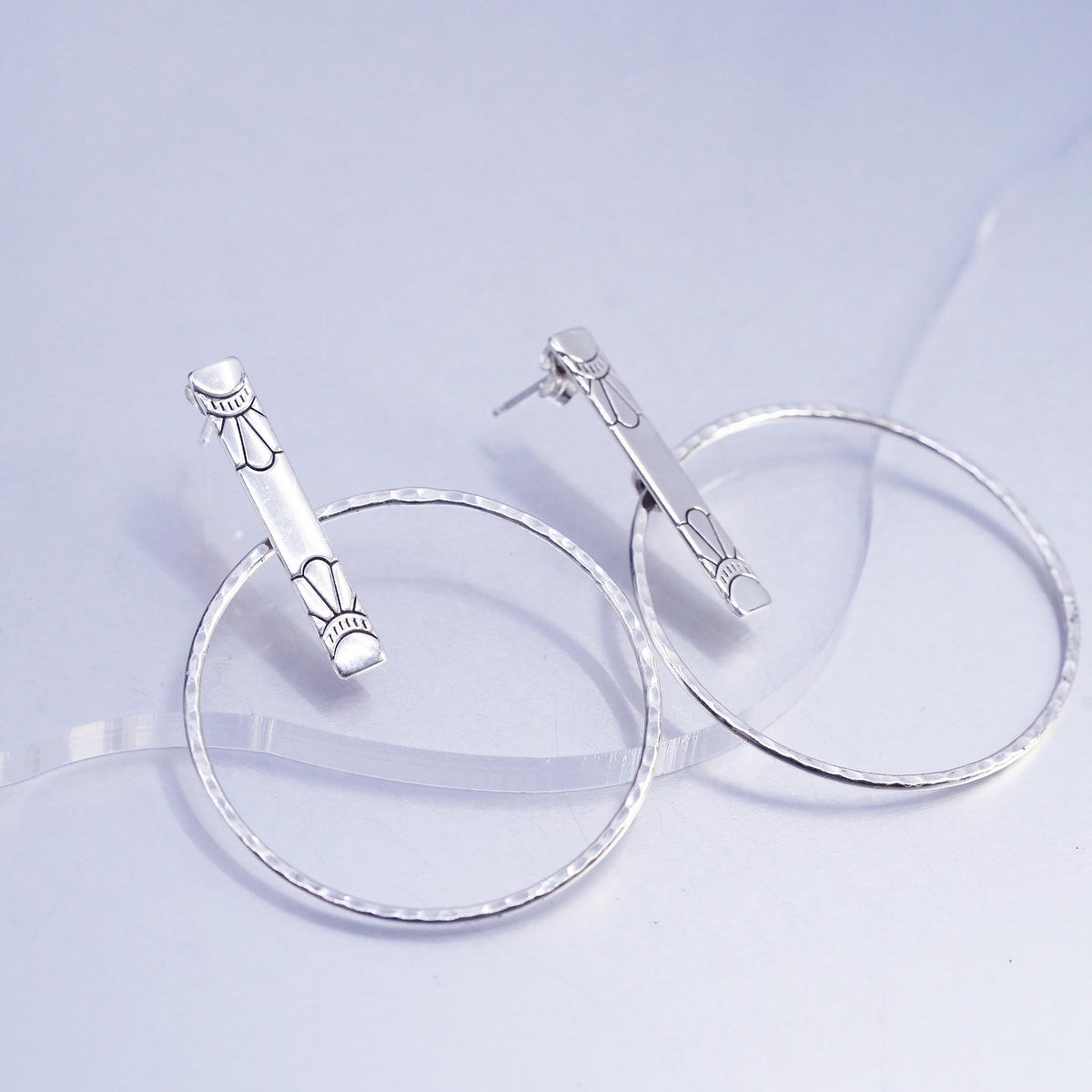 1.75", vintage Sterling silver handmade earrings, textured 925 hoop dangles
