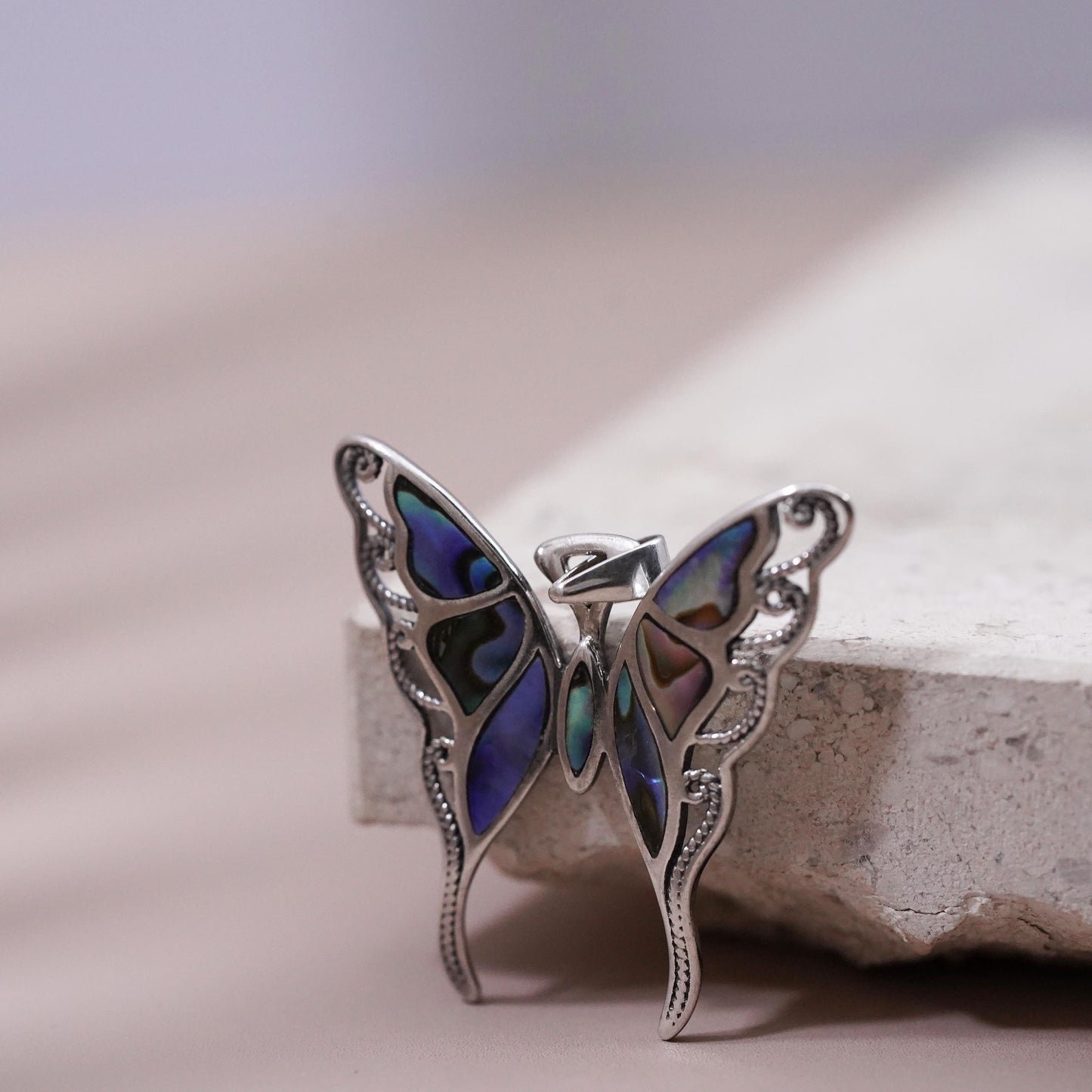 Vintage Sterling 925 silver handmade butterfly pendant with abalone