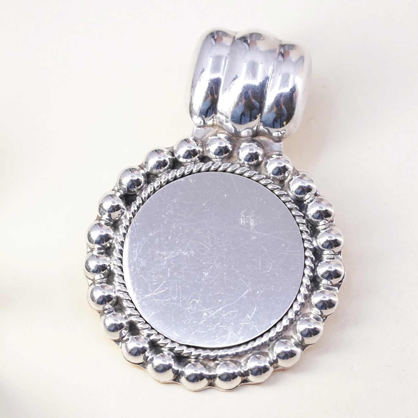 Vintage sterling 925 silver handmade blank circle pendant with beads around