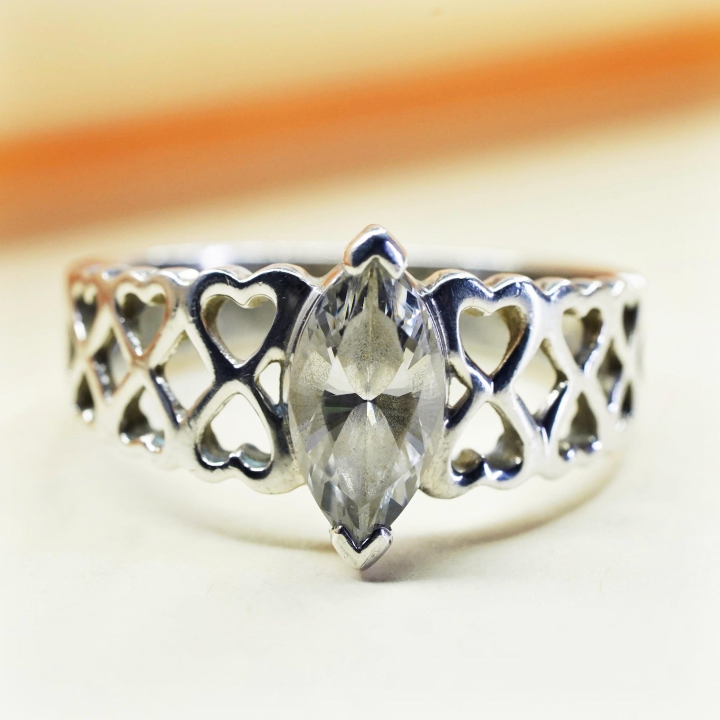 Size 10, VTG 925 Sterling silver filigree ring Marquise cut cz, engagement ring