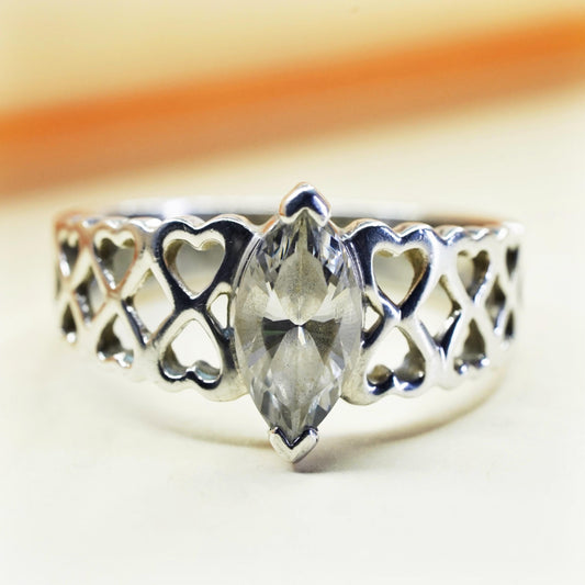 Size 10, VTG 925 Sterling silver filigree ring Marquise cut cz, engagement ring