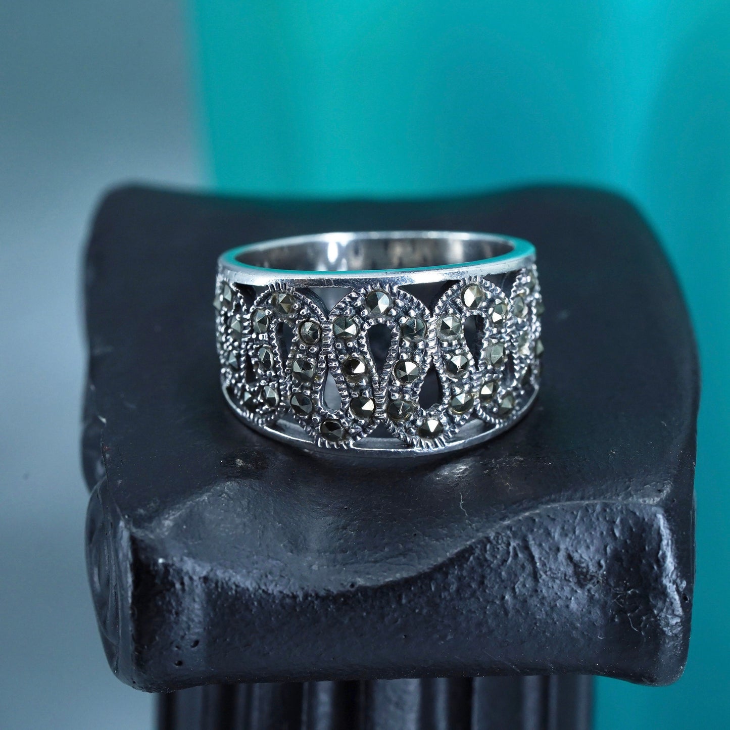 Size 8.75, southwestern Sterling 925 silver handmade ring, band with marcasite