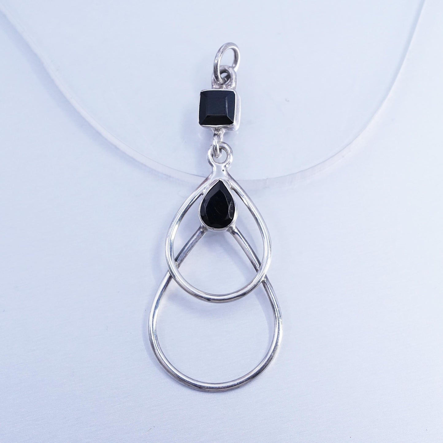 Vintage Sterling silver handmade charm, 925 teardrop pendant with onyx inlay