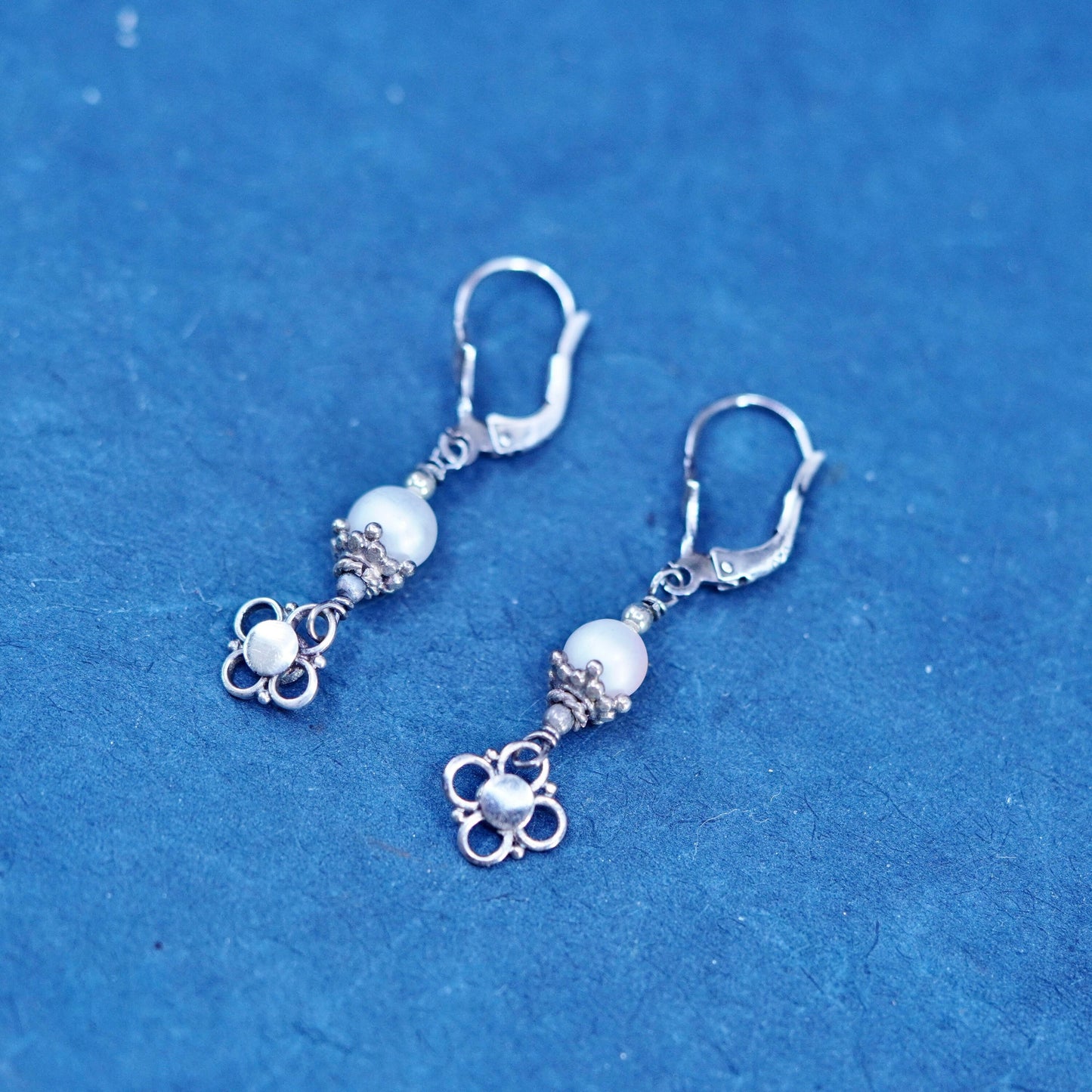 Vintage Sterling silver 925 handmade earrings with pearl and dangles