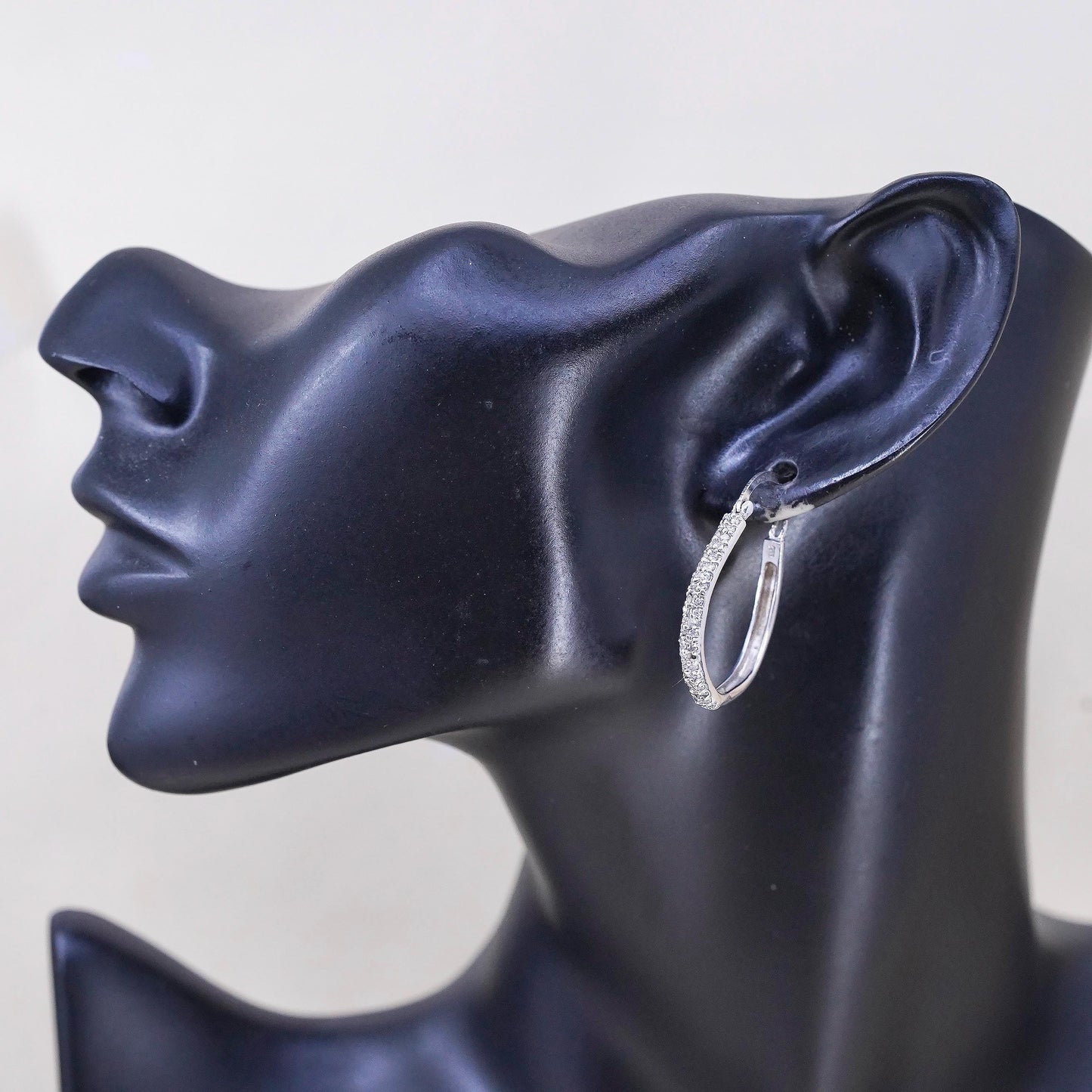 1.25”, Vintage sterling silver earrings, 925 silver hoops, Huggie w/ cluster Cz