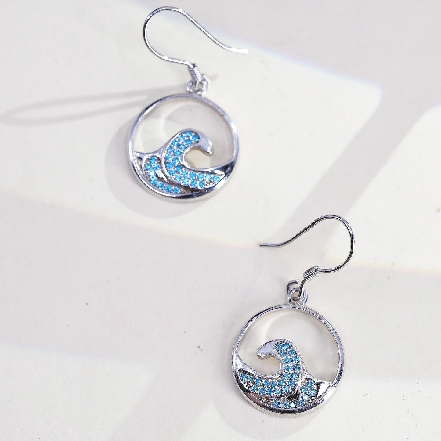 VTG Sterling silver handmade earrings, 925 ocean waves dangles cluster blue cz