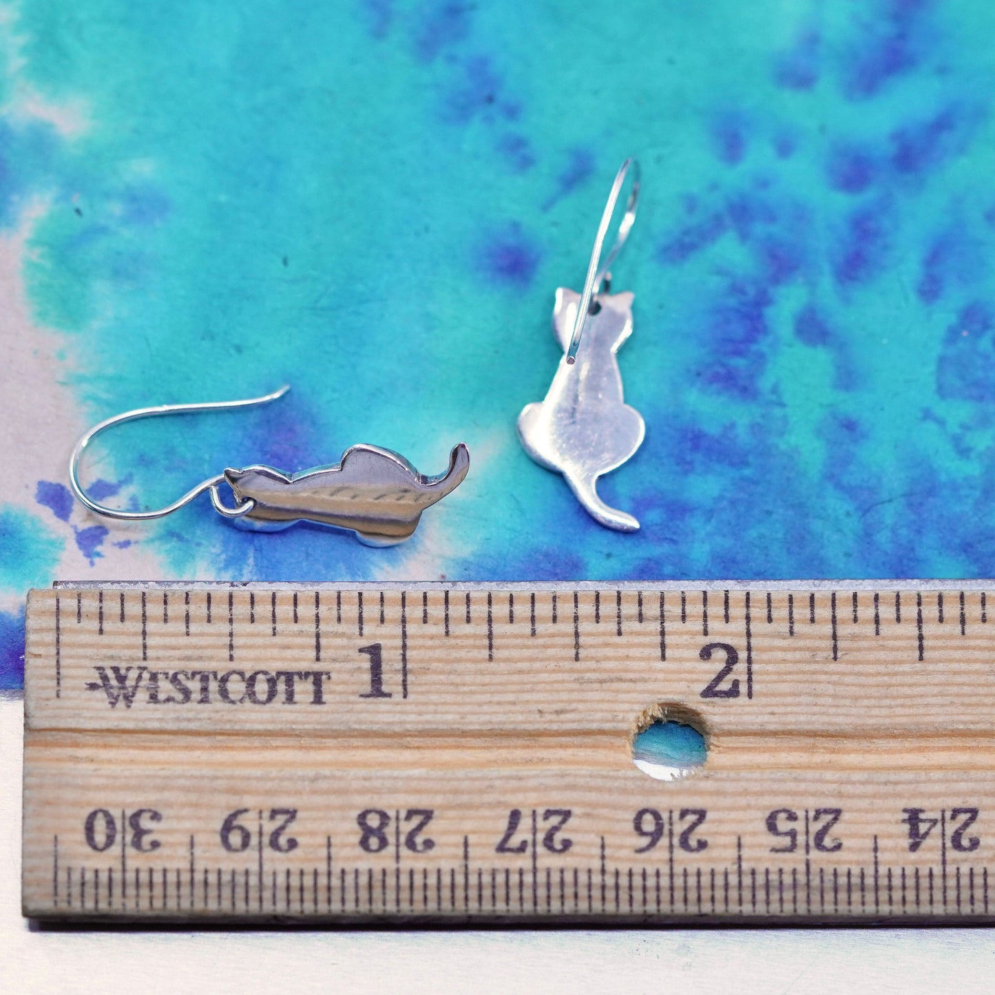 Vintage sterling silver handmade earrings, 925 kitty cat dangles