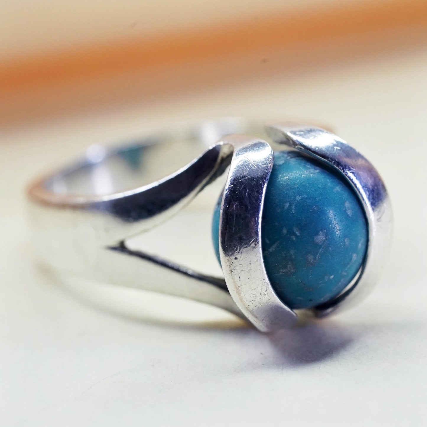 Size 6.75, vintage sterling 925 silver interchangeable ring with turquoise bead
