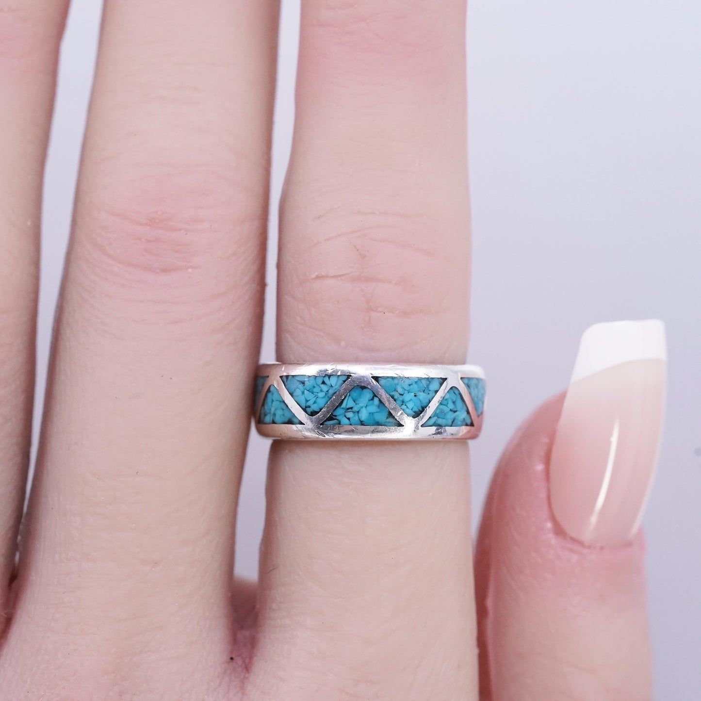 size 5.25, Native American Zuni Sterling Silver Ring, 925 zigzag band turquoise