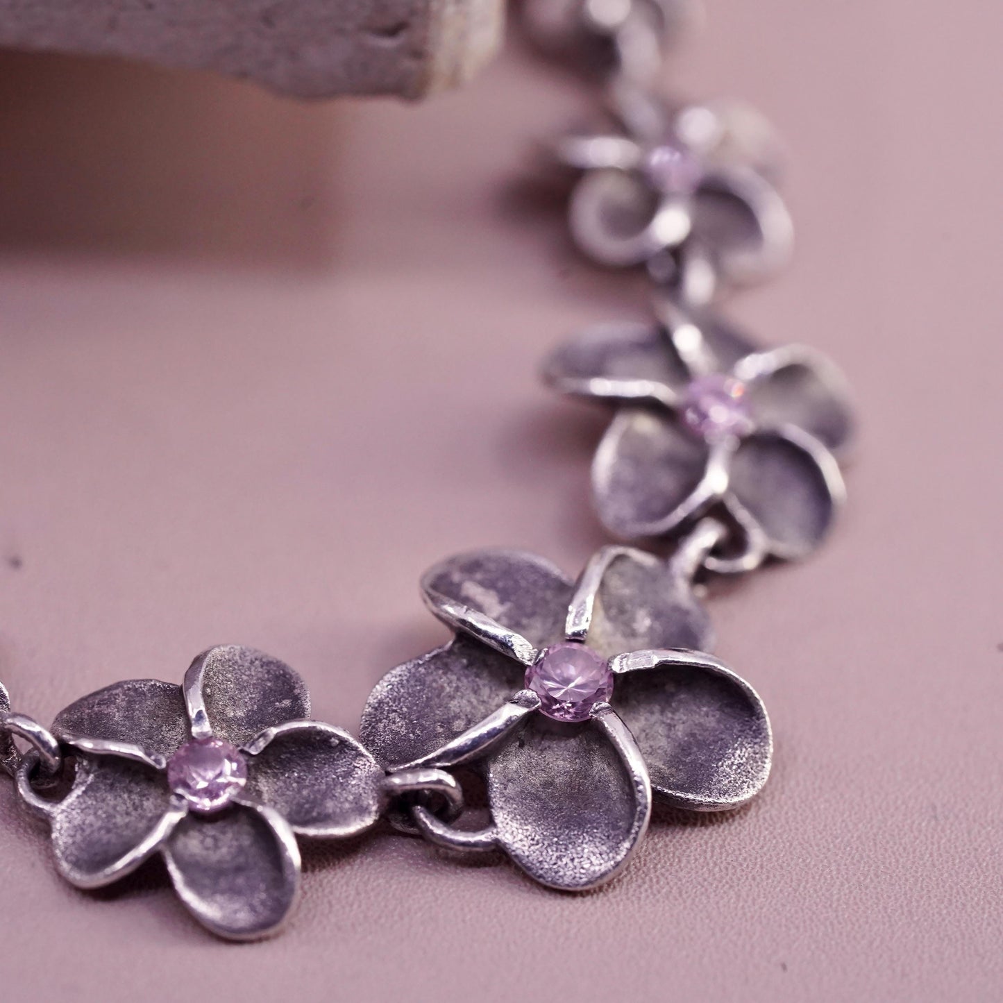 7.25", Sterling silver bracelet, solid 925 plumeria flower pink cz