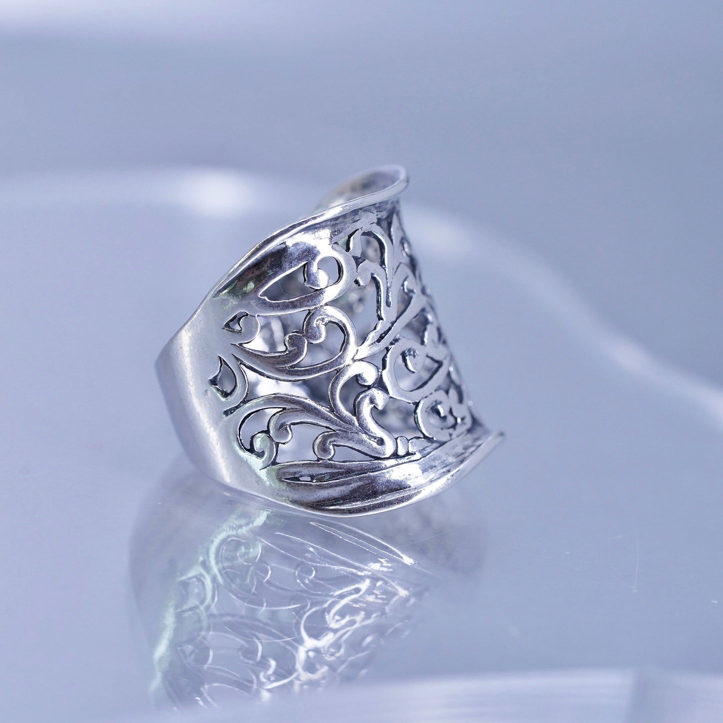 Size 10, Israel Pz Or Paz Sterling silver ring, 925 wide band floral texture